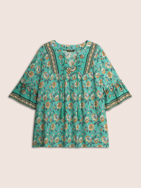 Boho Print Ruffles Tassel Trim Blouse