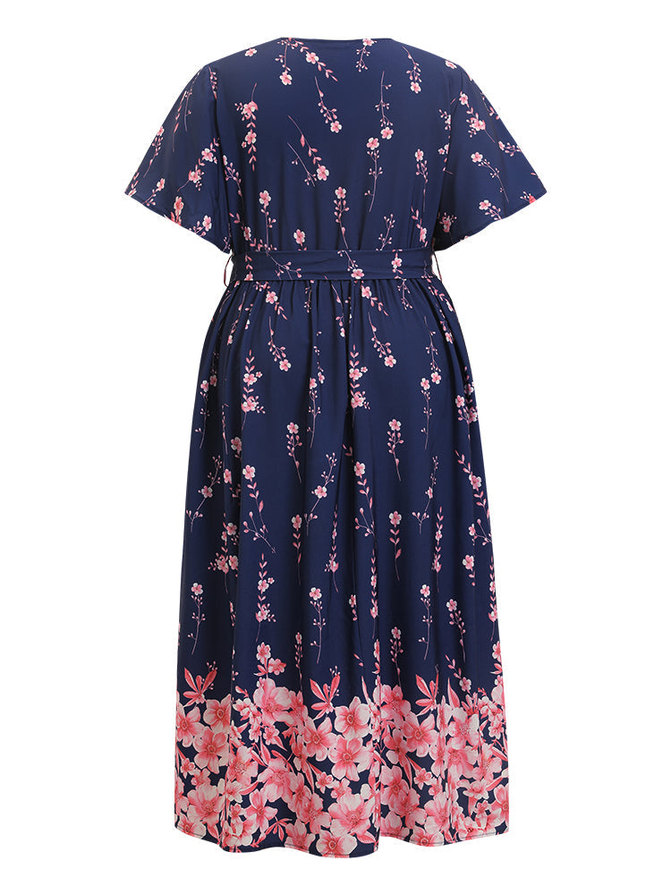 Bandana Print Ruffle Hem Pocket Belt Surplice Neck Dress