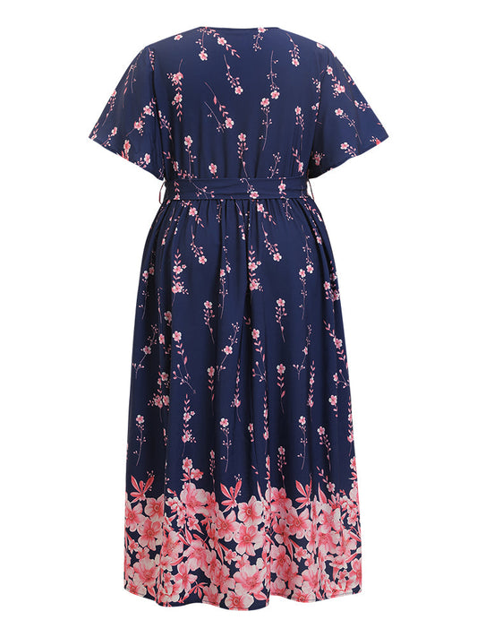 Bandana Print Ruffle Hem Pocket Belt Surplice Neck Dress