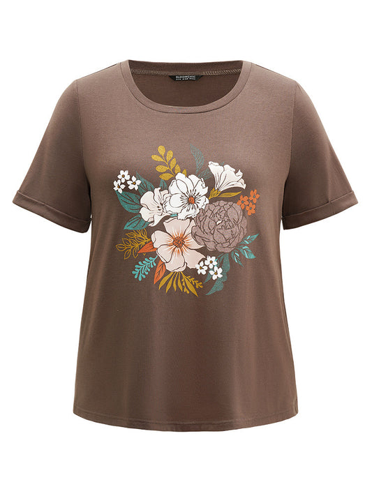 Floral Print Round Neck Cuffed Sleeve T-shirt
