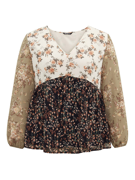 Chiffon Contrast Ditsy Floral Patchwork Blouse