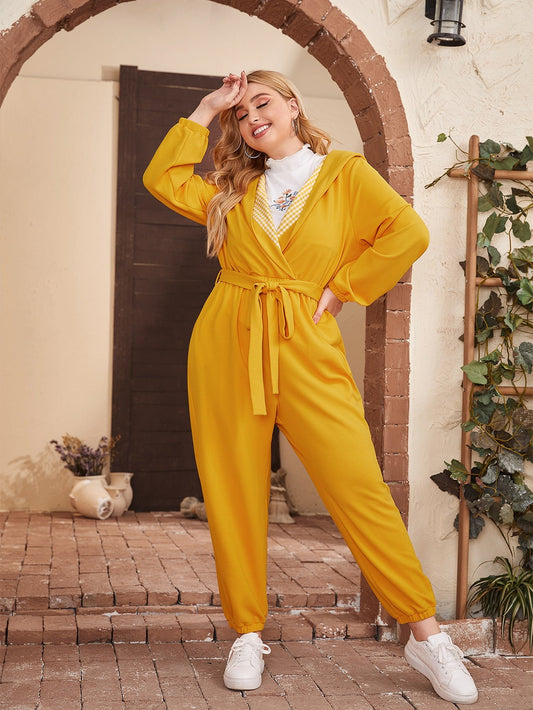 Gingham Panel Pocket Side Self Belted Hooded Jumpsuit
