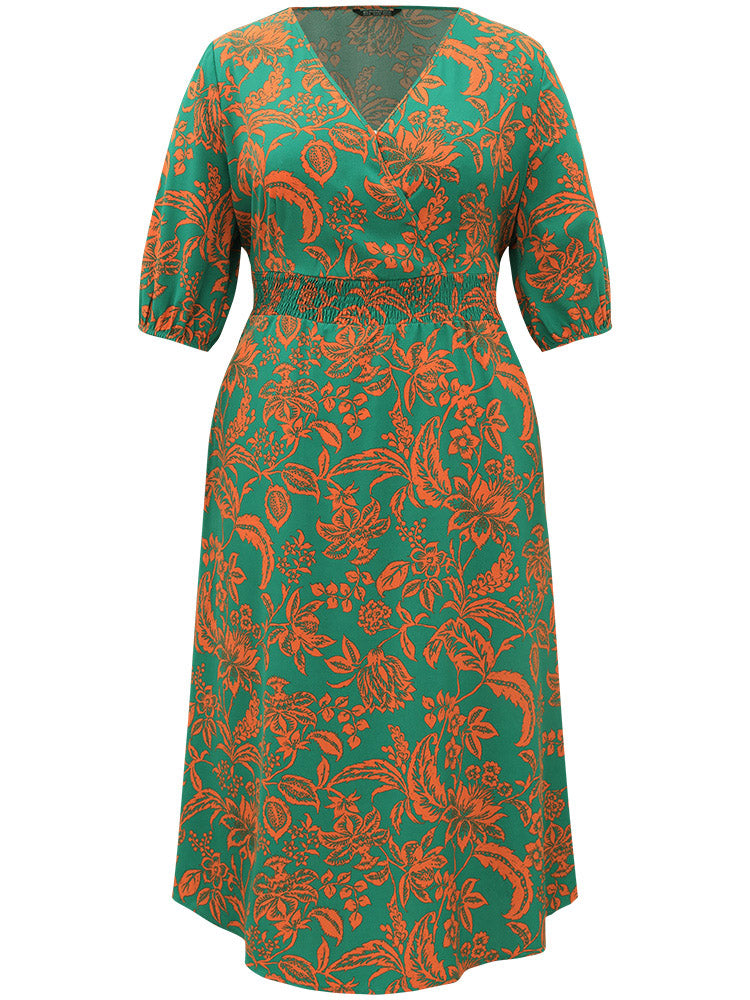 Plants Print Overlap Collar Shirred Dress