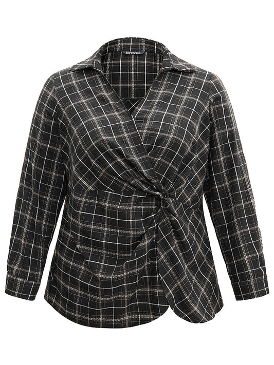 Plaid Shirt Collar Twist Front Blouse