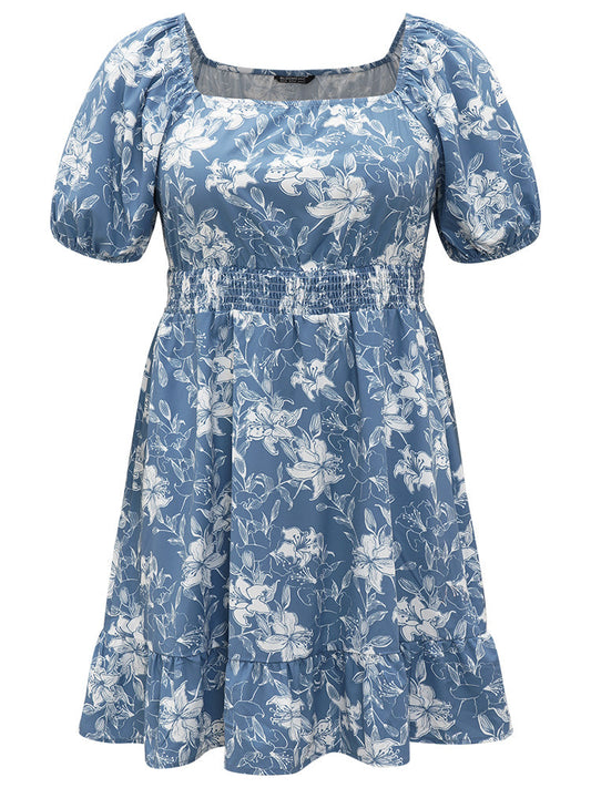 Floral Print Shirred Square Neck Puff Sleeve Dress