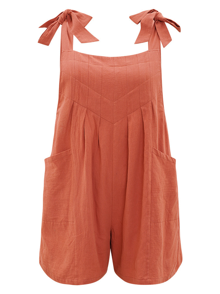 Solid Pocket Bowknot Pleated Overall Romper