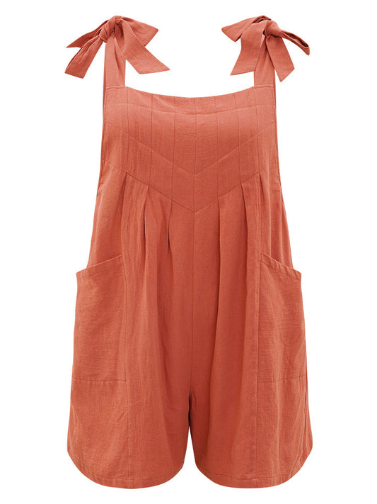 Solid Pocket Bowknot Pleated Overall Romper