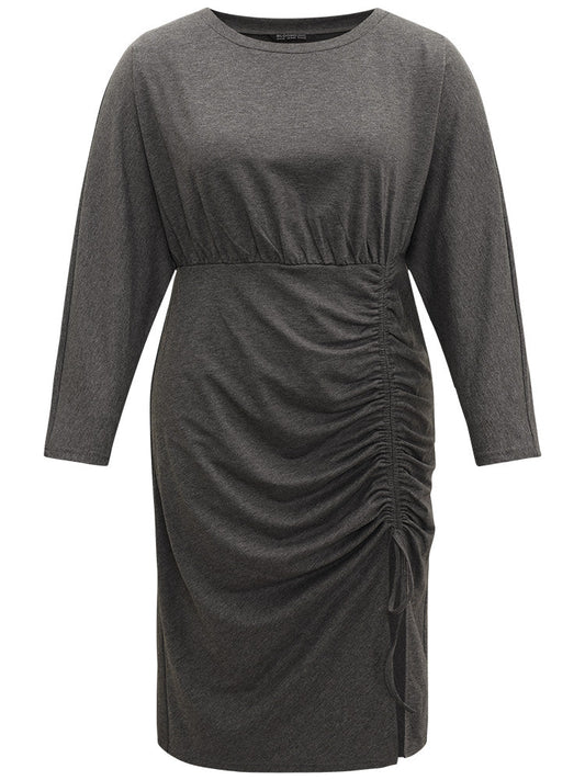 Split Hem Drawstring Batwing Sleeve Dress