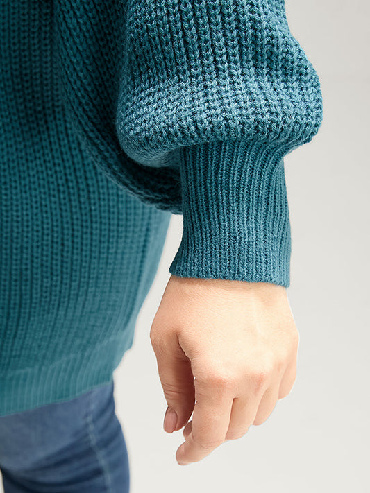 Solid Pointelle Knit Lantern Sleeve Cold Shoulder Knit Top