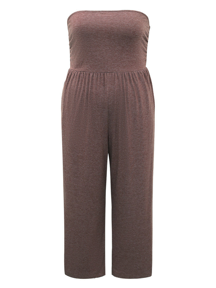 Plain Pocket Shoulderless Gathered Sleep Jumpsuit