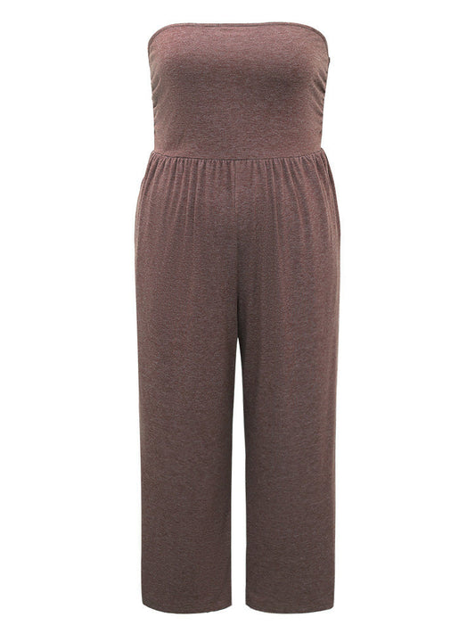 Plain Pocket Shoulderless Gathered Sleep Jumpsuit
