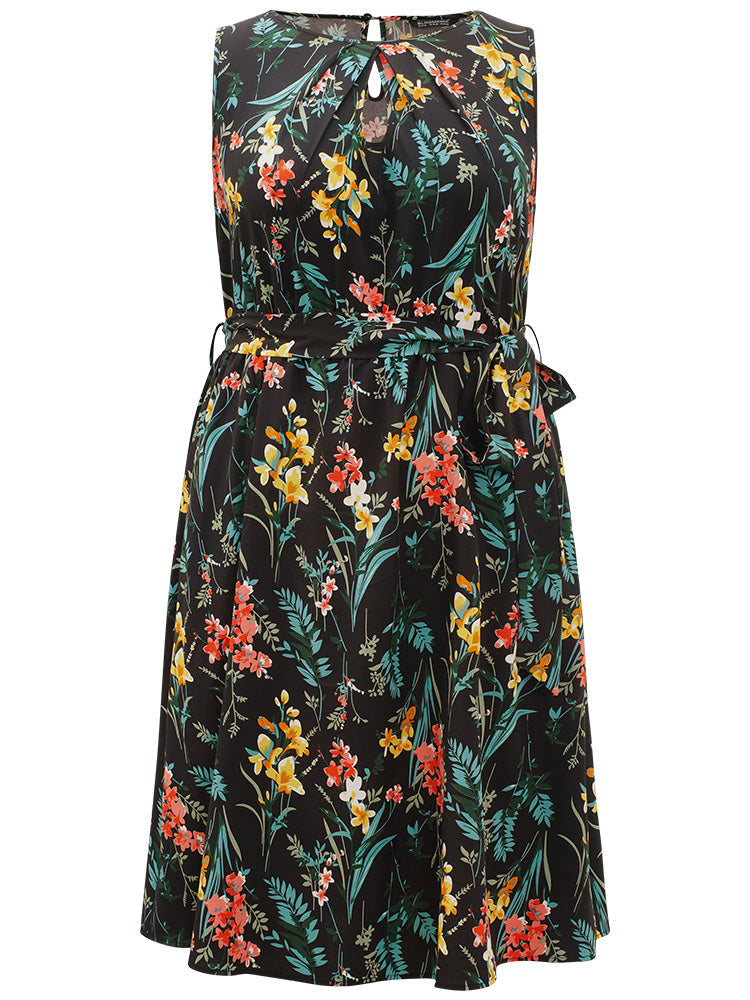 Plants Print Keyhole Pleated Belted Tank Dress
