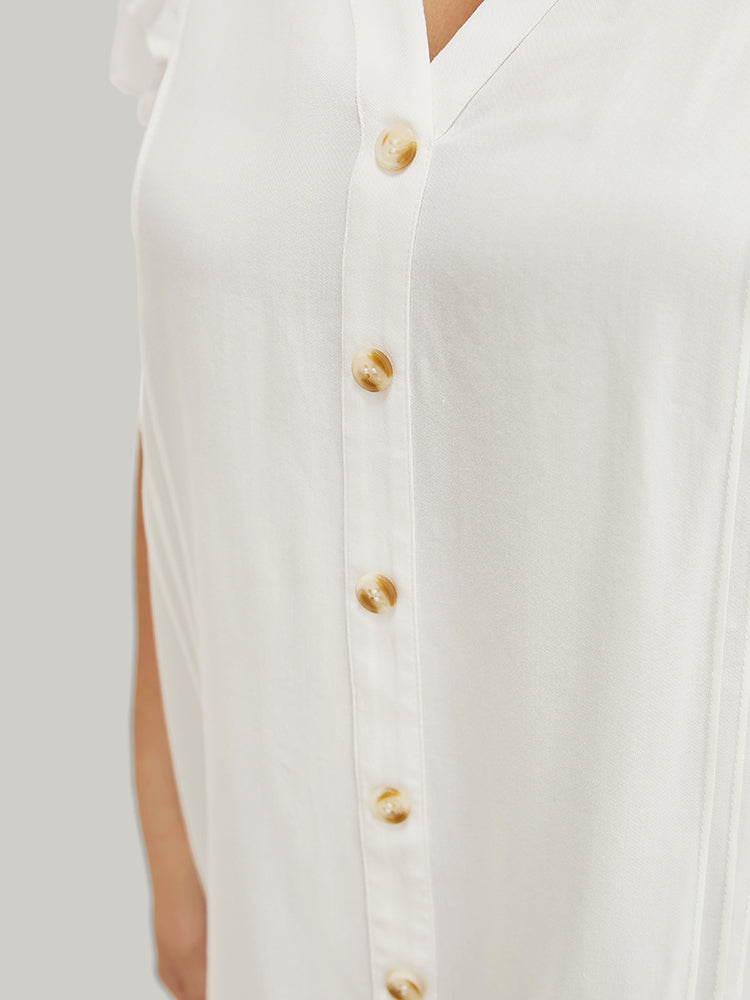 Plain Ruffle Notched Button Detail Tiered Sleeve Pleated Blouse