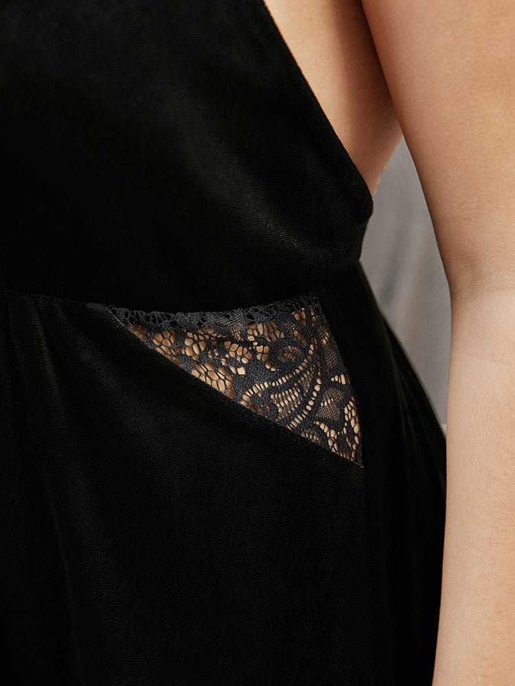 Solid Sleeveless Contrast Lace Velvet Cami Night Dress