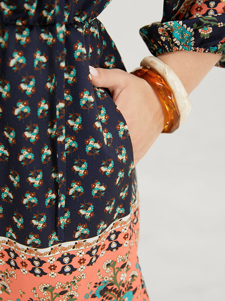 Bandana Print Pocket Keyhole Tie Neck Puff Sleeve Romper