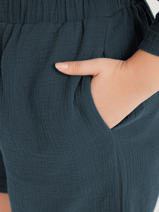 Plain Texture Ties Pocket Elastic Waist Shorts