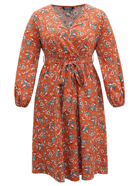 Floral Print Belted Elastic Cuffs Dress