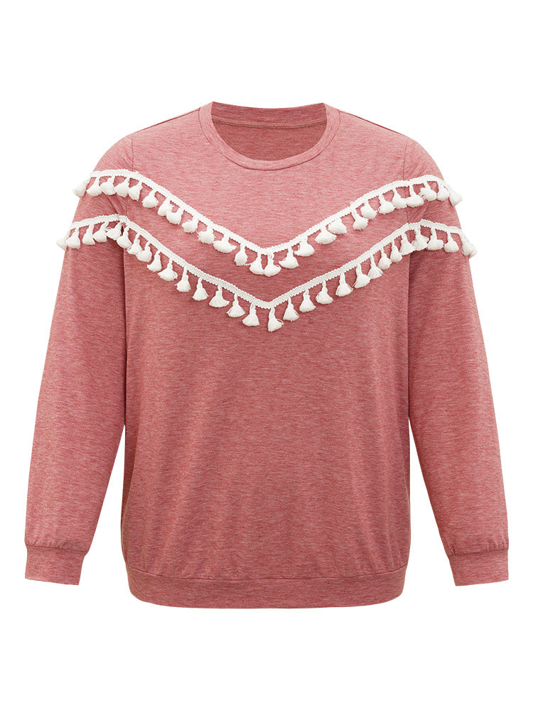 plain Heather Crew Neck Tassel Trim Sweatshirt