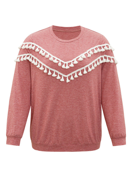 plain Heather Crew Neck Tassel Trim Sweatshirt