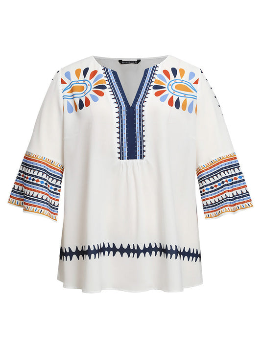 Bandana Notched Split Side Bell Sleeve Blouse