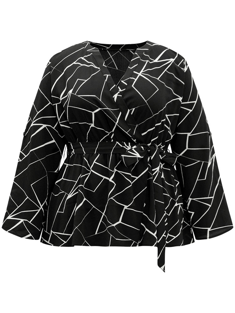 Geometric Print Tab Sleeve Belted Wrap Blouse