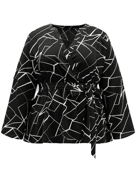 Geometric Print Tab Sleeve Belted Wrap Blouse