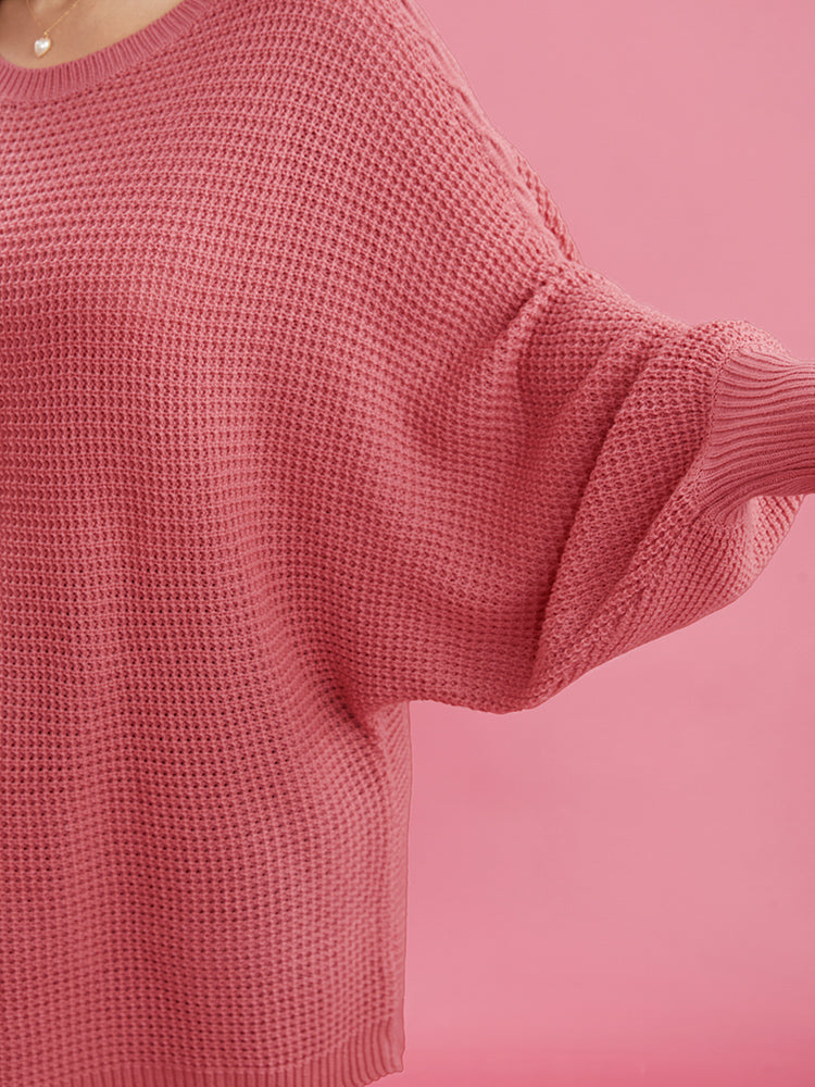 Solid Pointelle Knit Lantern Sleeve Round Neck Knit Top