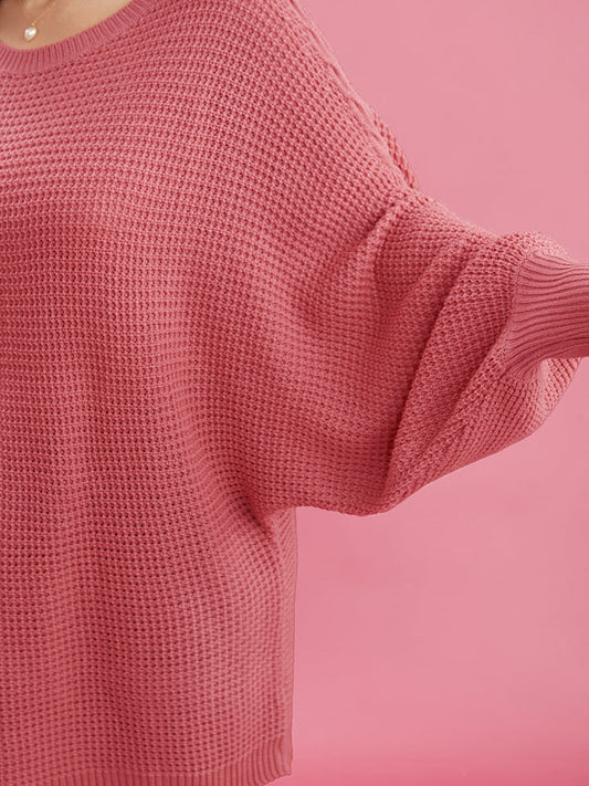 Solid Pointelle Knit Lantern Sleeve Round Neck Knit Top