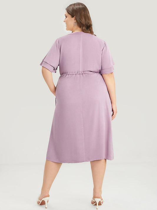 Solid V Neck Ruffle Tiered Sleeve Pocket Drawstring Dress