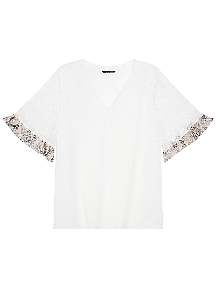 Plain Heather Mesh Lace Bell Sleeve T-shirt