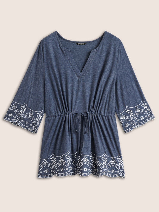 Floral Embroidered Drawstring Scalloped Trim T-shirt