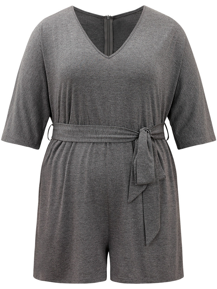 Solid Belted Pocket Sleep Romper