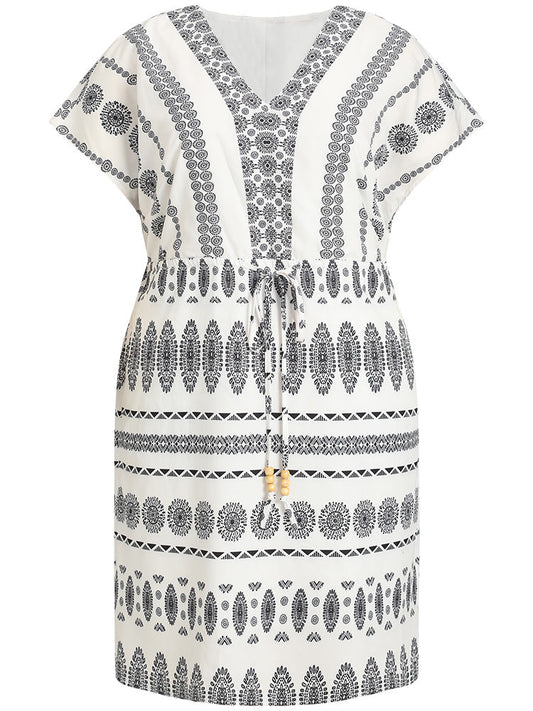 Boho Print V Neck Dolman Sleeve Drawstring Dress