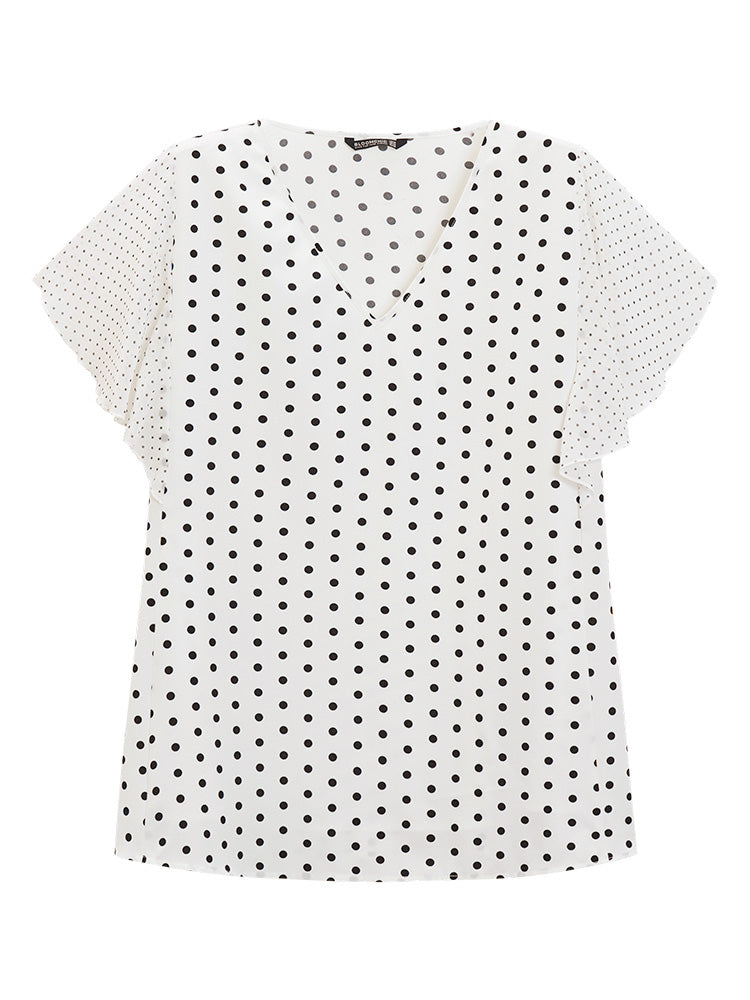 Polka Dot Patchwork Mesh Flutter Sleeve Blouse