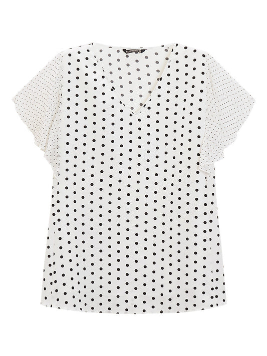 Polka Dot Patchwork Mesh Flutter Sleeve Blouse