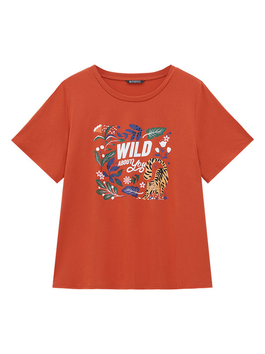 Plant & Cat Print Short Sleeve Drop Shoulder T-shirt