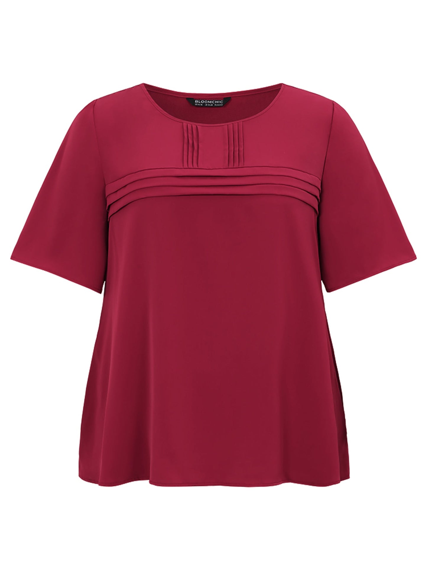 Solid Pleated Crew Neck Blouse