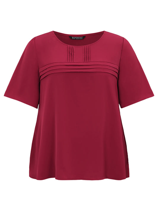 Solid Pleated Crew Neck Blouse