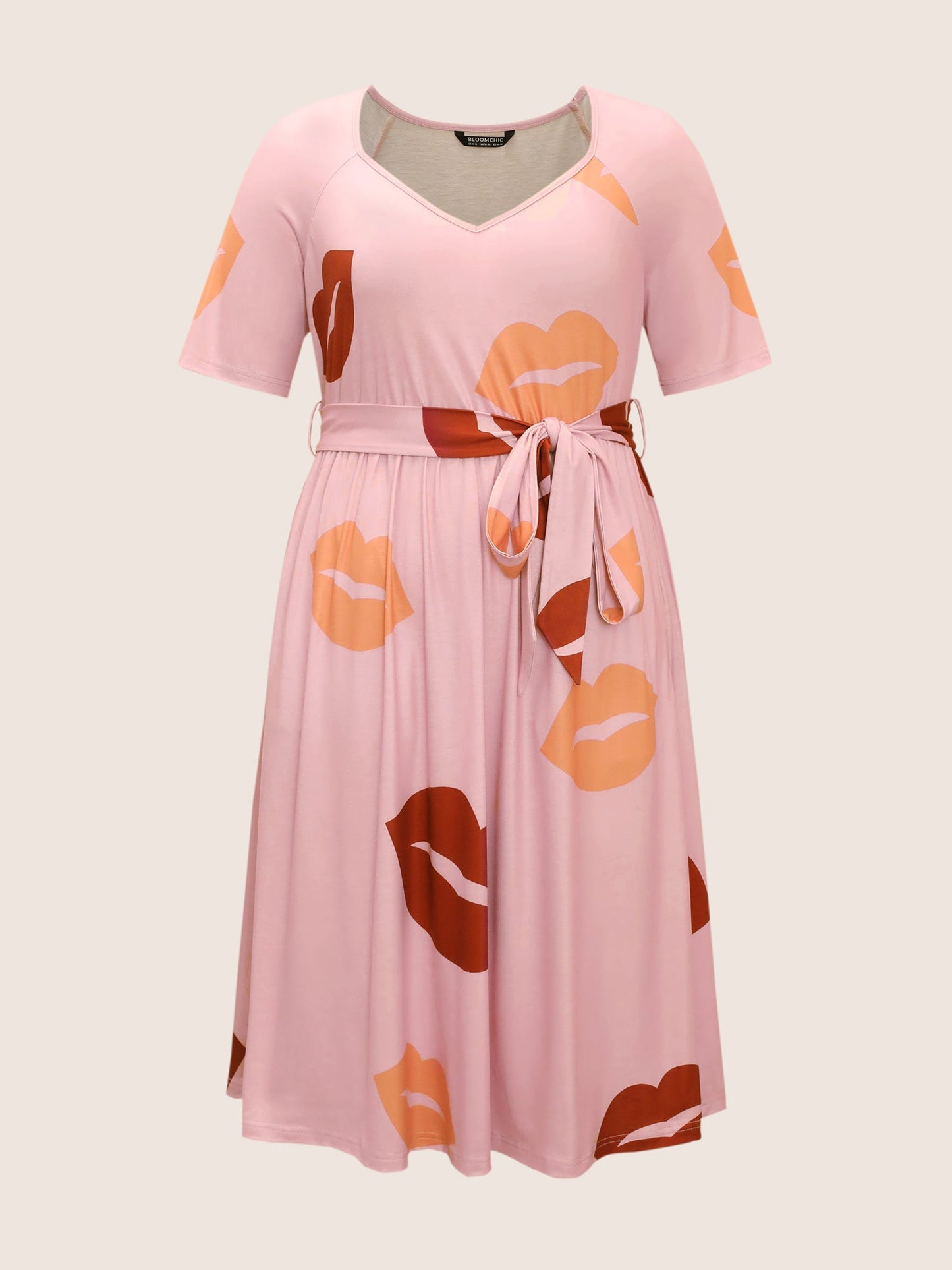 Lip Print Elastic Waist Belted Gathered Dress