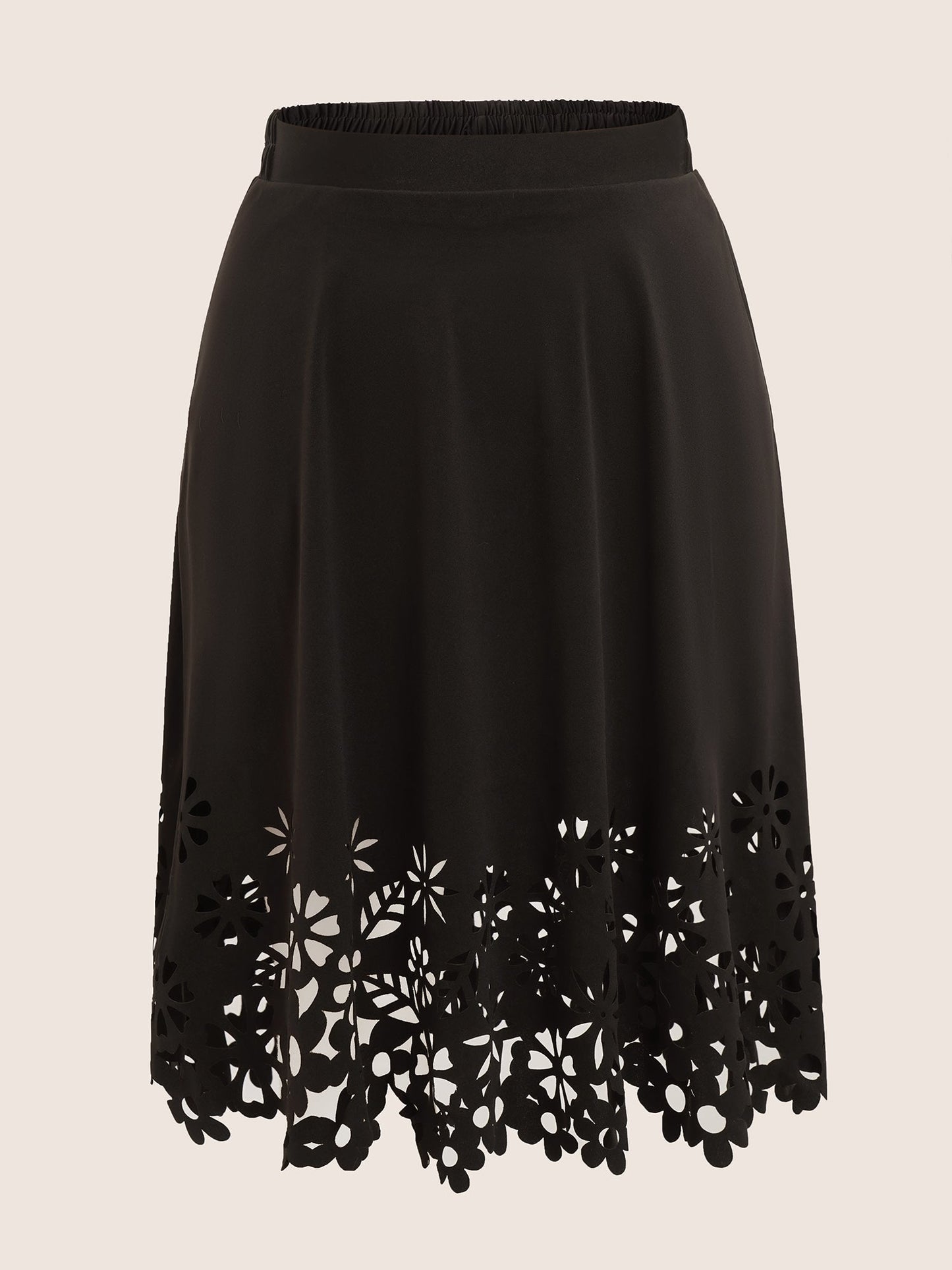 Solid Pocket Elastic Waist Laser Cut Midi Skirt