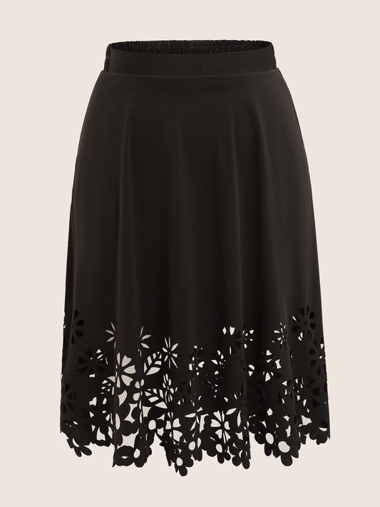 Solid Pocket Elastic Waist Laser Cut Midi Skirt