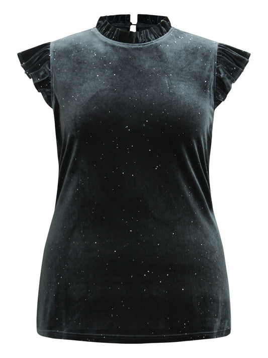 Velvet Frill Trim Ruffle Cap Sleeve Tank Top