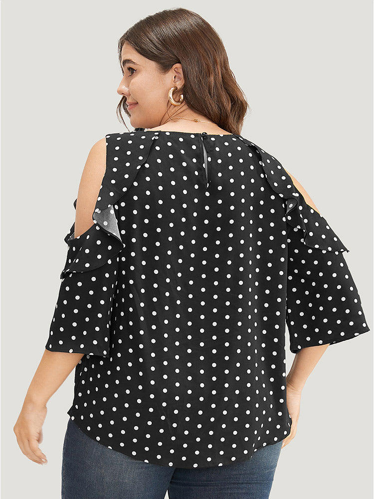 Polka Dot Ruffle Trim Cold Shoulder Blouse