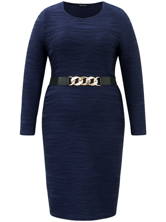 Rib Knit Plain Belted Crew Neck Dress