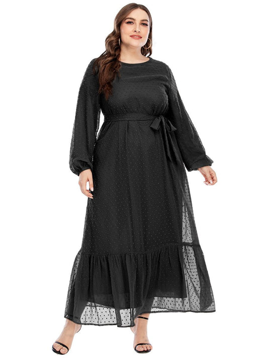 Dot Mesh Belt Round Neck Maxi Dress