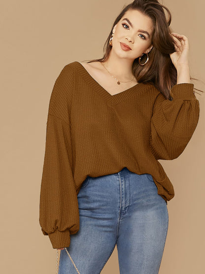 Drop Shoulder Lantern Sleeve Waffle Knit Top