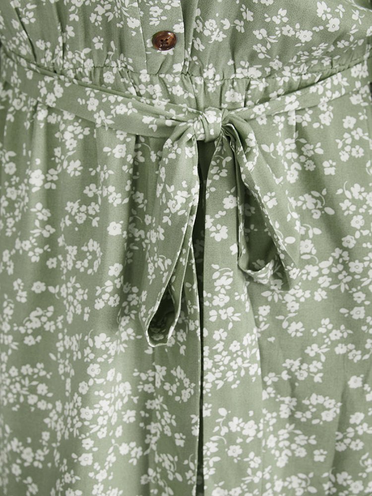 Ditsy Floral Cold Shoulder Ruffles Belted Blouse