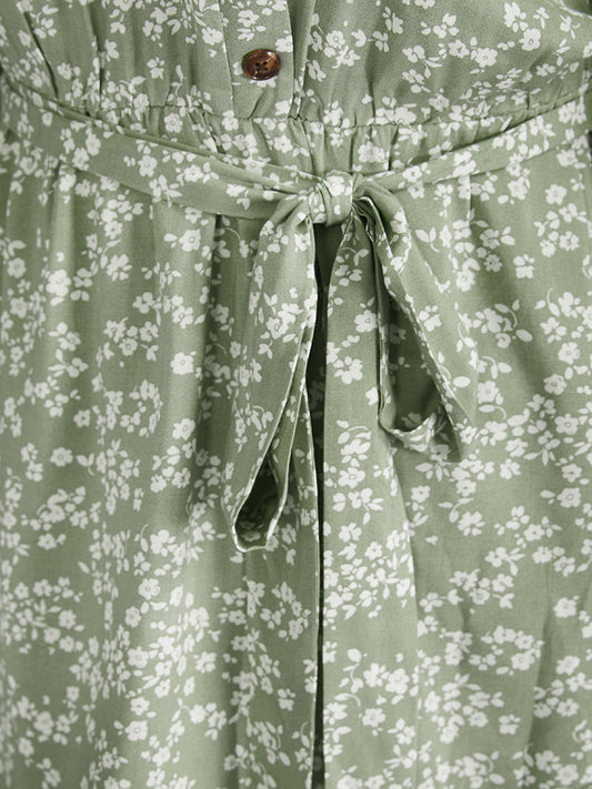 Ditsy Floral Cold Shoulder Ruffles Belted Blouse