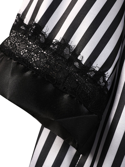 4pcs Striped Lace Trim Contrast Pajama Set