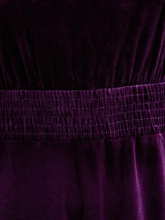 Solid Gathered Tie Neck Pocket Shirred Velvet Dress